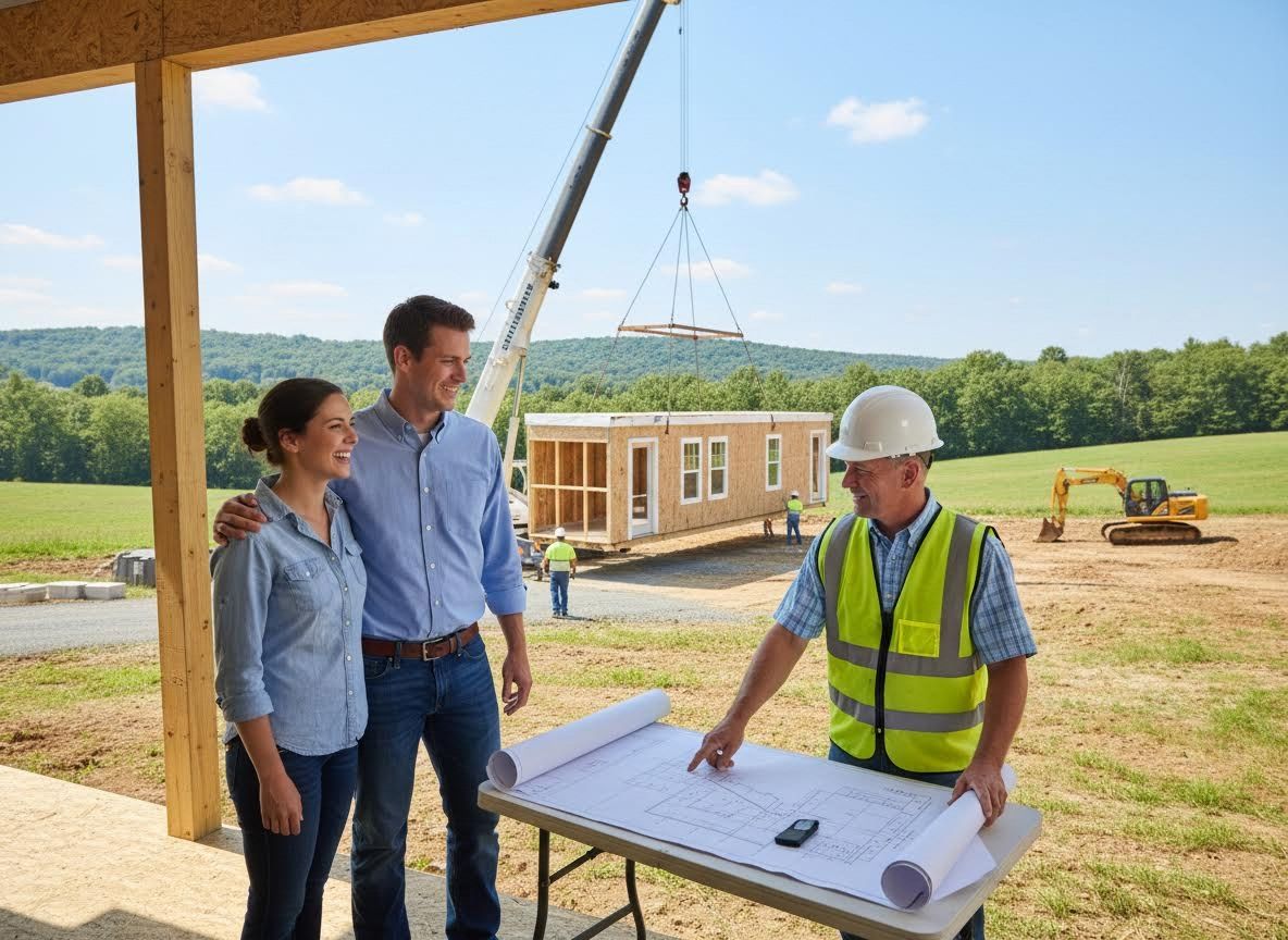 Couple and Contractor at Modular Home Construction Site