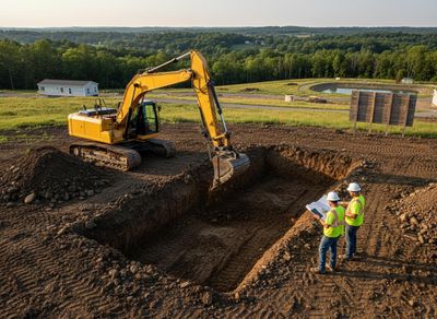Construction workers reviewing plans at an excavation site