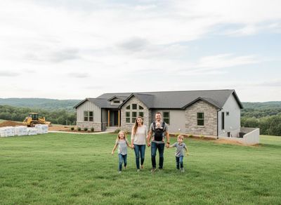 Family with young children and baby in front of a newly built modern house