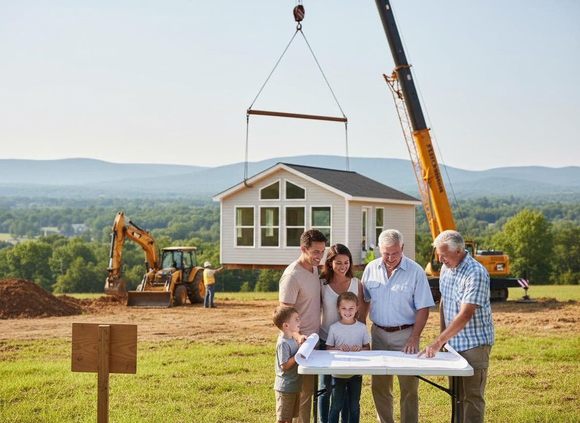 Multi-generational family reviewing blueprints on a construction site with a modular home being craned into place