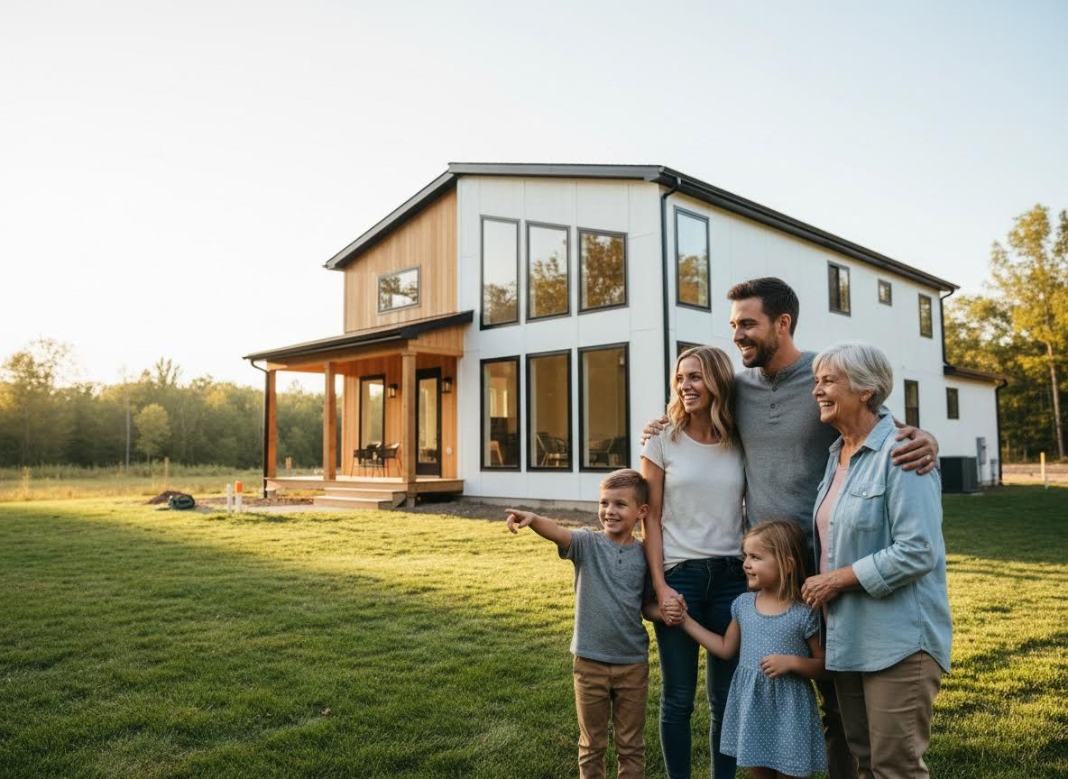 Multi-generational family in front of modern house
