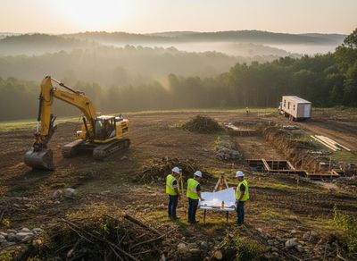 Construction site with workers reviewing blueprints and excavator