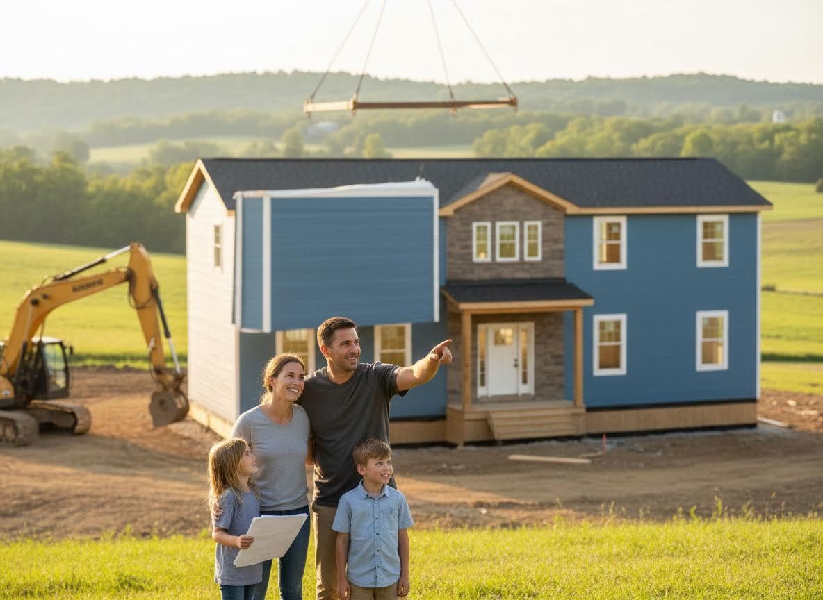 Family watching their modular home being built