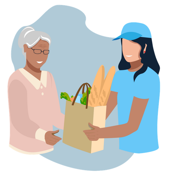 home care worker delivering groceries to senior