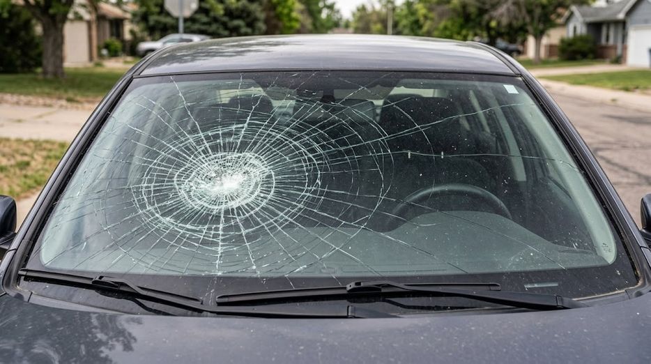 Severely cracked car windshield showing spiderwebbing damage.