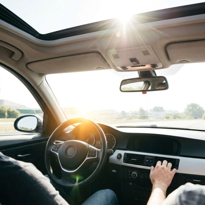 Bright sunlight intensifies the heat inside a car through the sunroof.