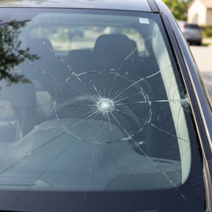 Windshield crack extending to the edge of the glass.