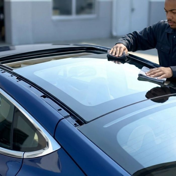 a technician's hands carefully installing a new, flawless sunroof panel on the clean dark blue car