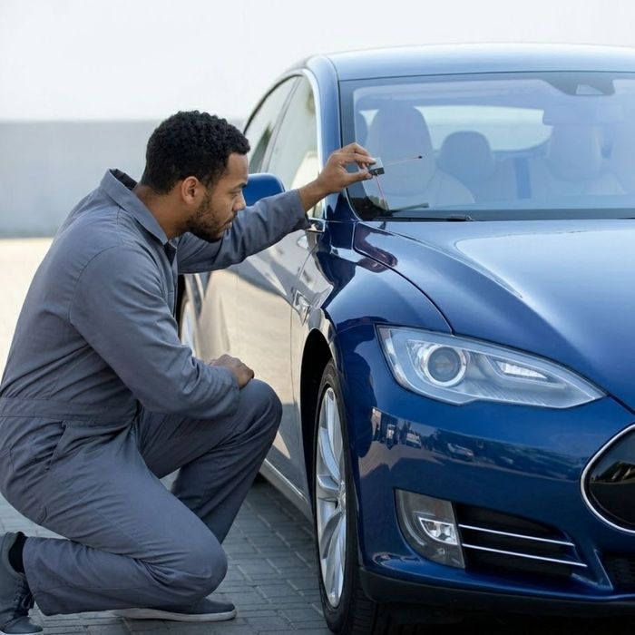 a technician adjusting precision calibration equipment pointed at the windshield of a modern sedan