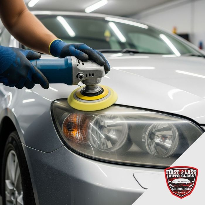 man refinishing headlights