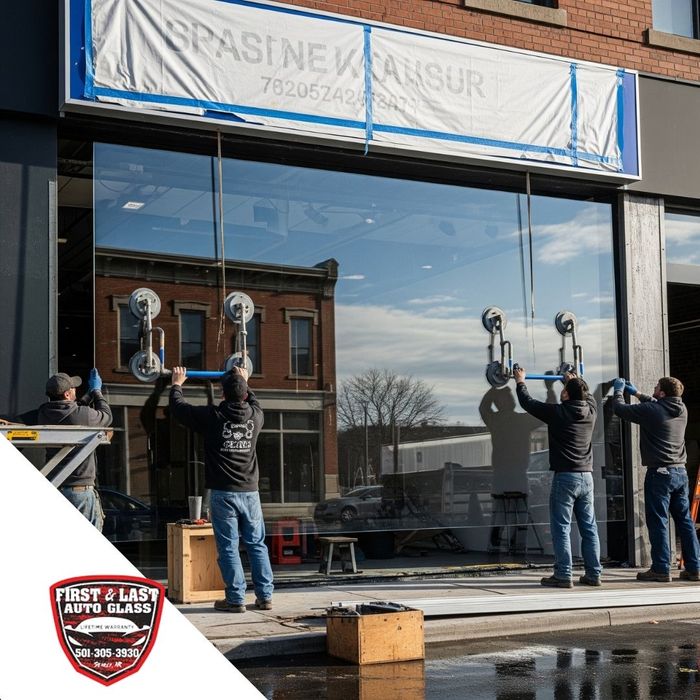 4 men putting up a large pane of glass on a commercial storefront