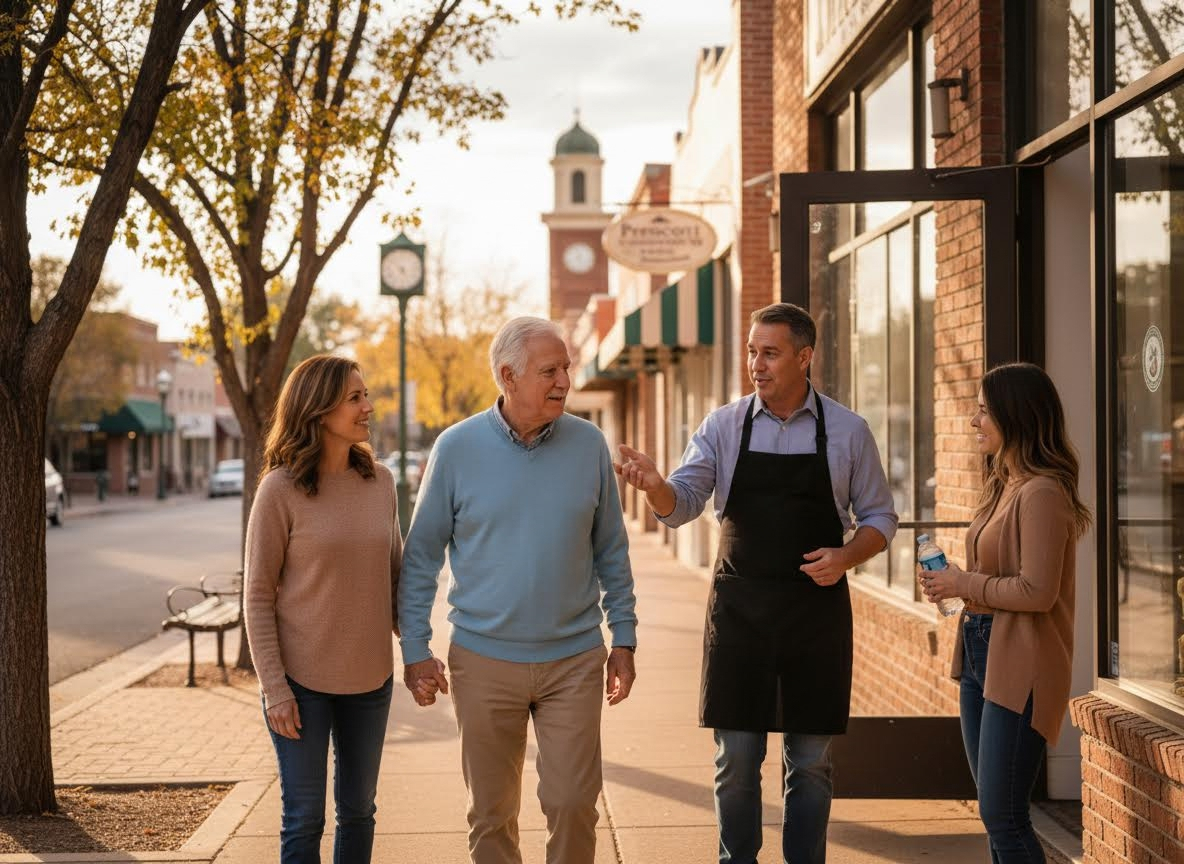 Shop owner talks to customers on a sunny main street