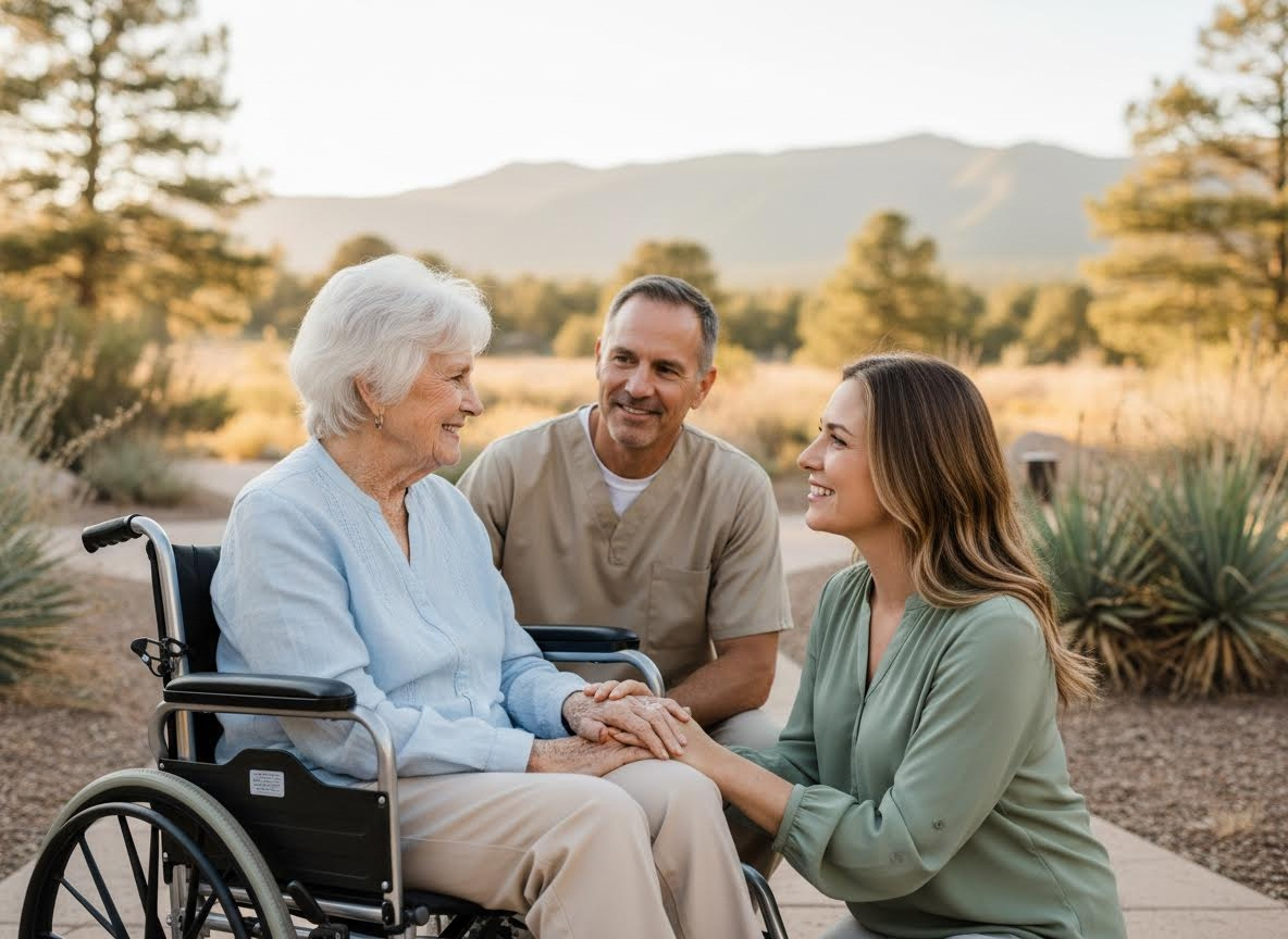 Elderly Woman in Wheelchair with Caregivers