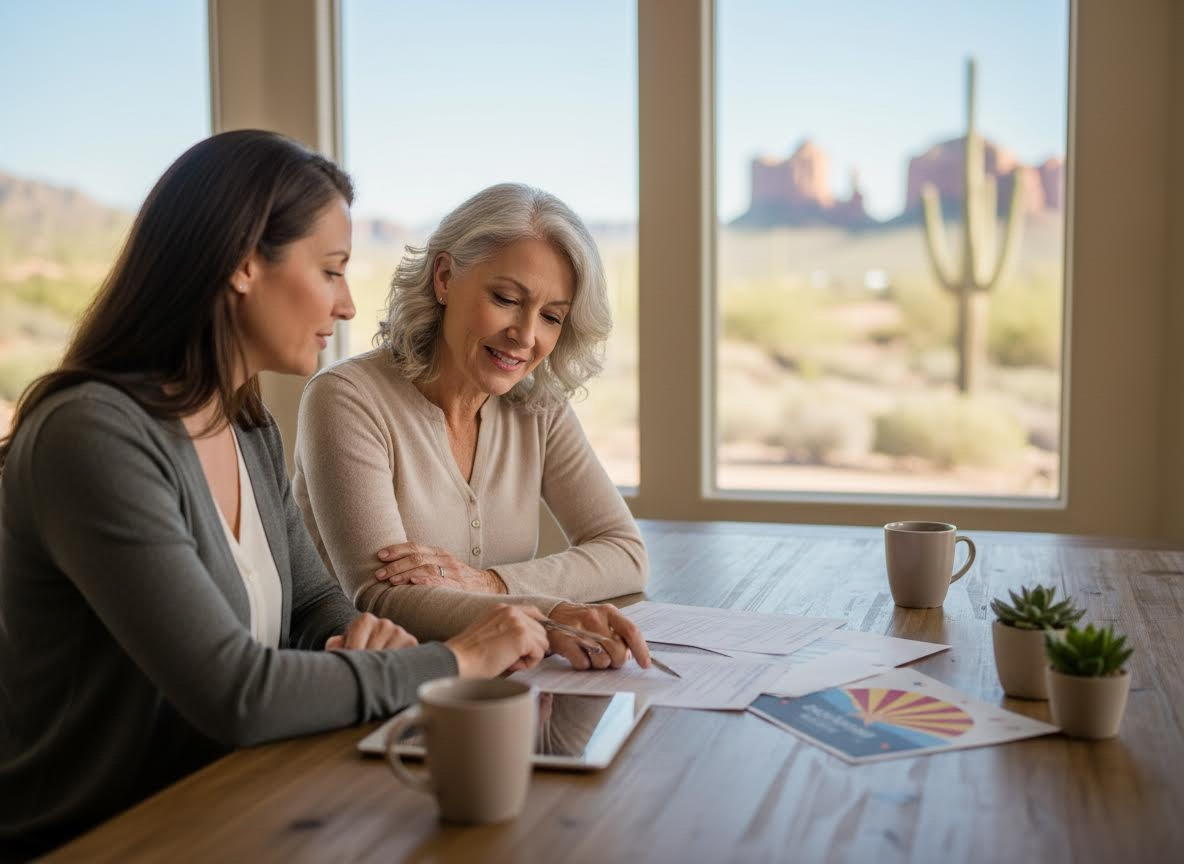 Two women reviewing documents at a table with a desert landscape view