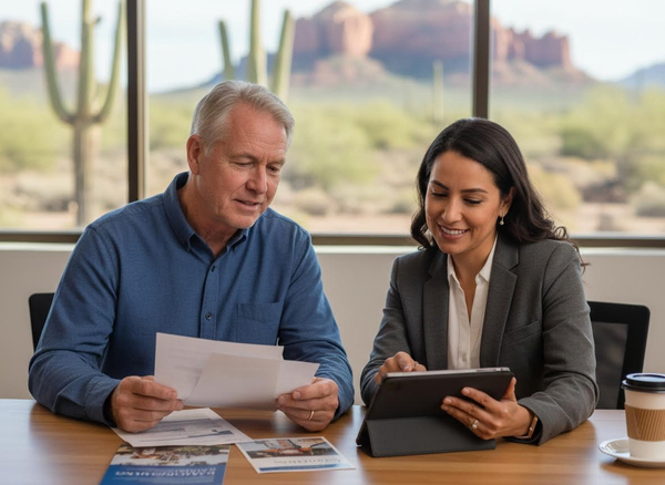 A smiling female advisor shows a tablet to a male client reviewing papers at a table. Desert landscape with saguaro cacti visible through the window. Financial advisor helps client review documents on a tablet in a modern office with desert views