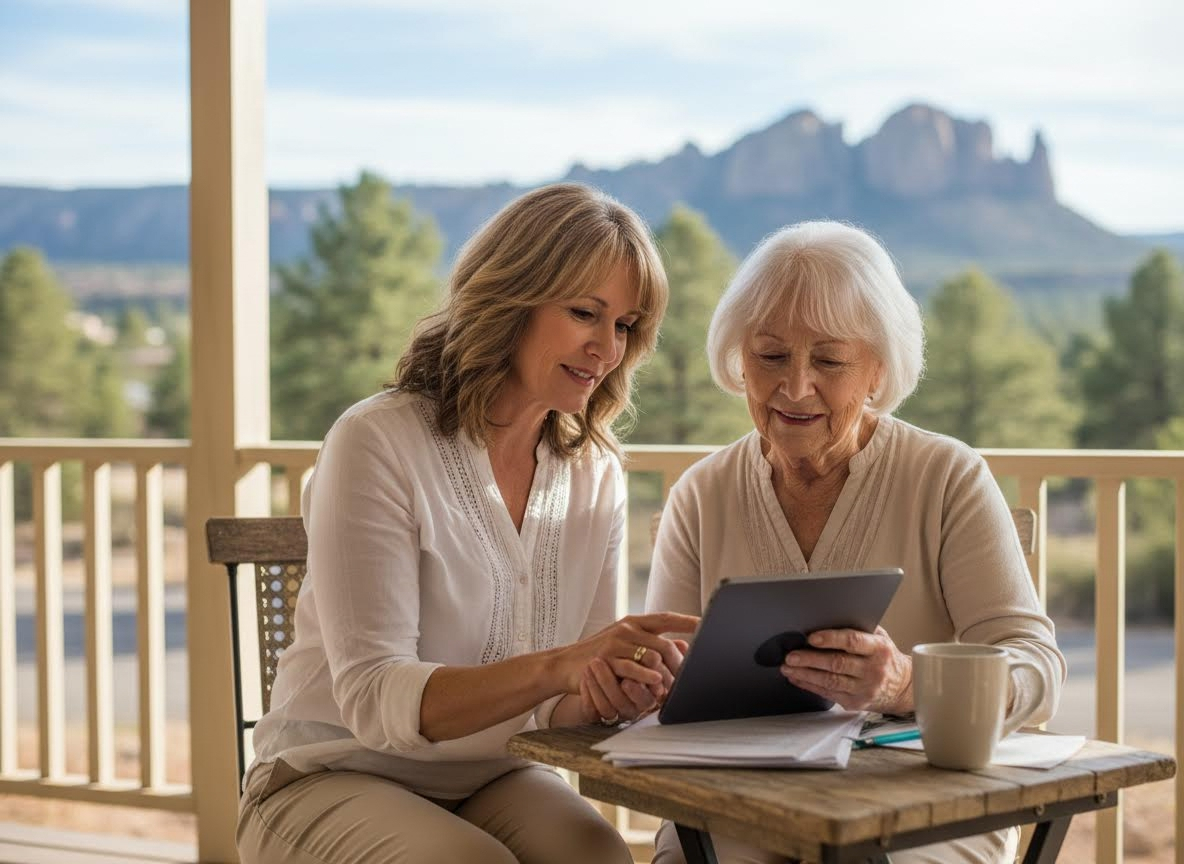 Two Women Using Tablet on Scenic Porch