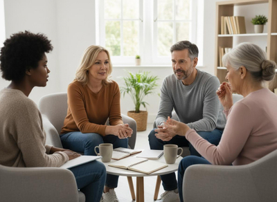 Four diverse adults, including Black, White, and elderly individuals, sit in a circle for a group discussion with notebooks and mugs. Diverse Group Discussion