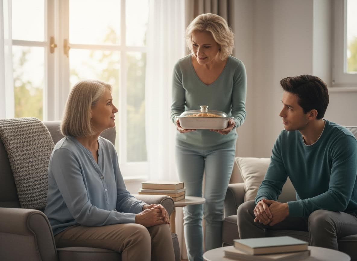 Woman serving food to family in living room