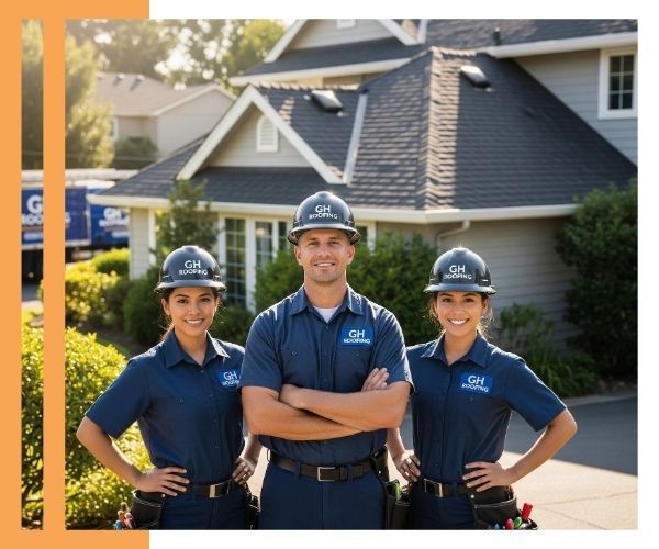 A confident team of three certified GH Roofing Corp professionals in uniform, standing proudly in front of a home with a newly completed roof, ready to provide expert service.