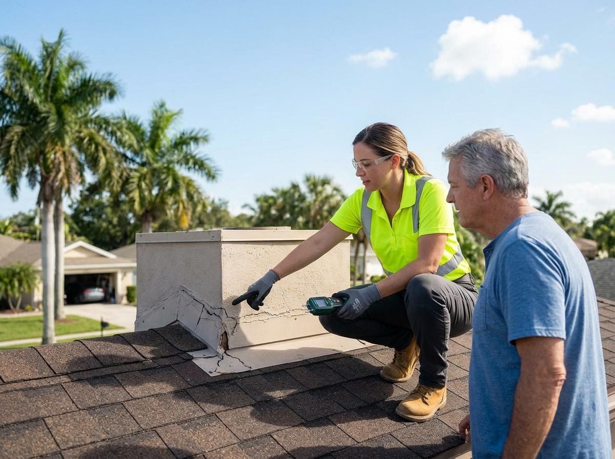 Roof inspector shows homeowner chimney cracks
