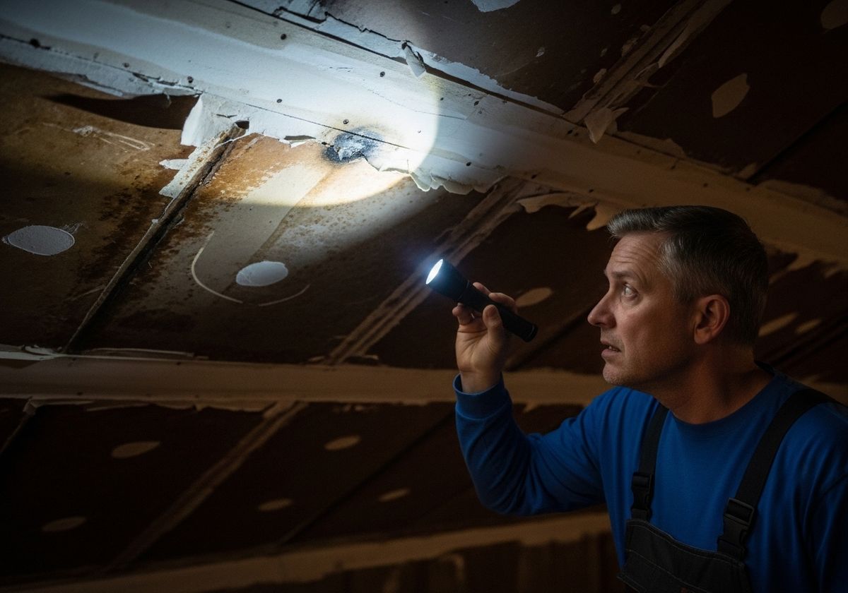 Man Inspecting Ceiling Damage with Flashlight