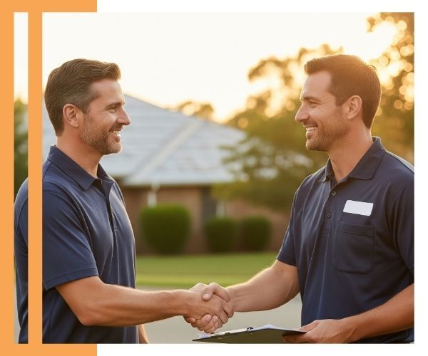 a relieved homeowner shaking hands with a friendly, trustworthy roofer in front of their house. The roofer is holding a clipboard, symbolizing successful insurance claim assistance.