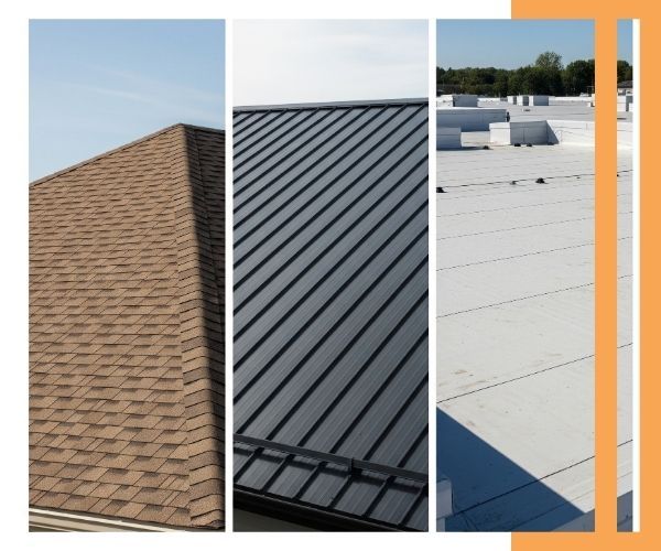 A split-image showcasing three different pristine roof types: classic asphalt shingles, a modern standing-seam metal roof, and a clean commercial flat roof system.