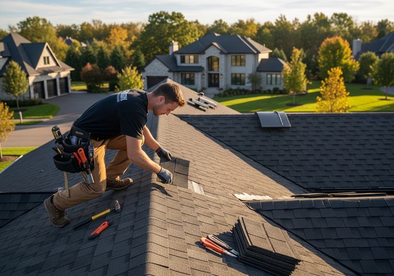 Roofer Installing Asphalt Shingles on a Residential Roof