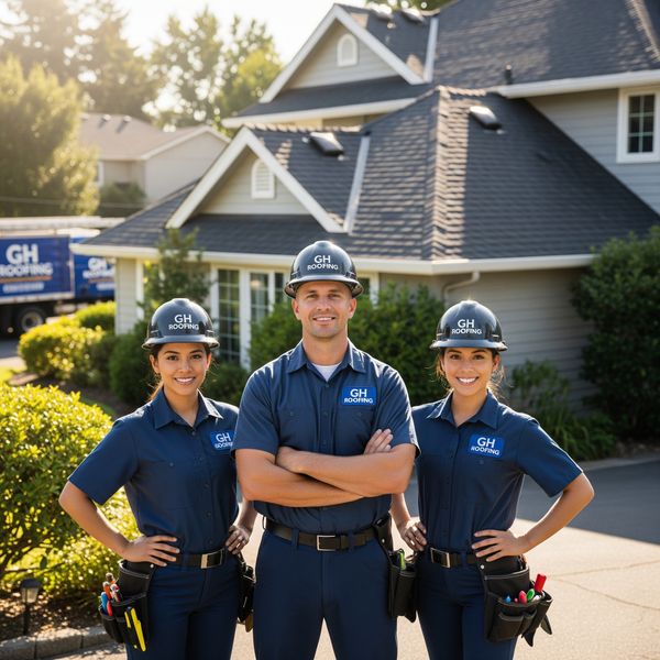 A confident team of three certified GH Roofing Corp professionals in uniform, standing proudly in front of a home with a newly completed roof, ready to provide expert service.