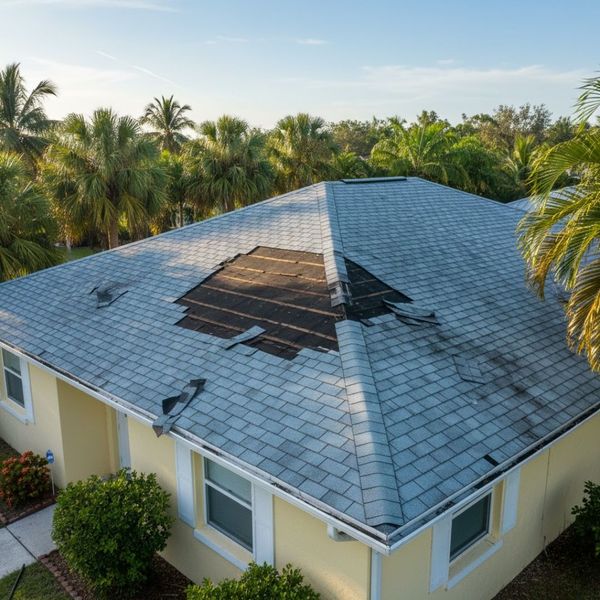 A yellow Florida home with missing shingles on the roof.
