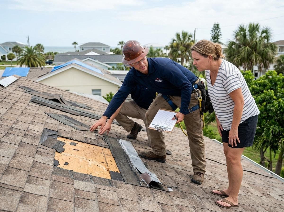 Contractor and Homeowner Inspecting Damaged Roof