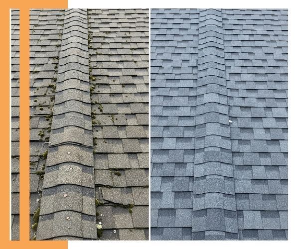 A clean, 1:1 split-screen stock photo. The left side shows old, curled, and damaged roof shingles. The right side shows brand new, perfectly installed architectural shingles, demonstrating a before-and-after effect.