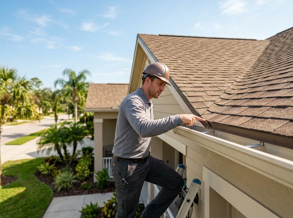 Roof Inspector Examining Gutter and Shingles