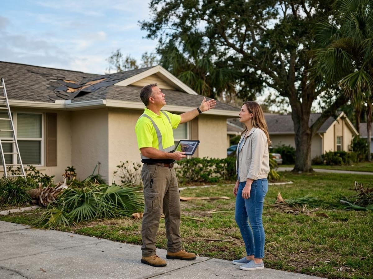 Insurance Adjuster Discussing Roof Damage with Homeowner