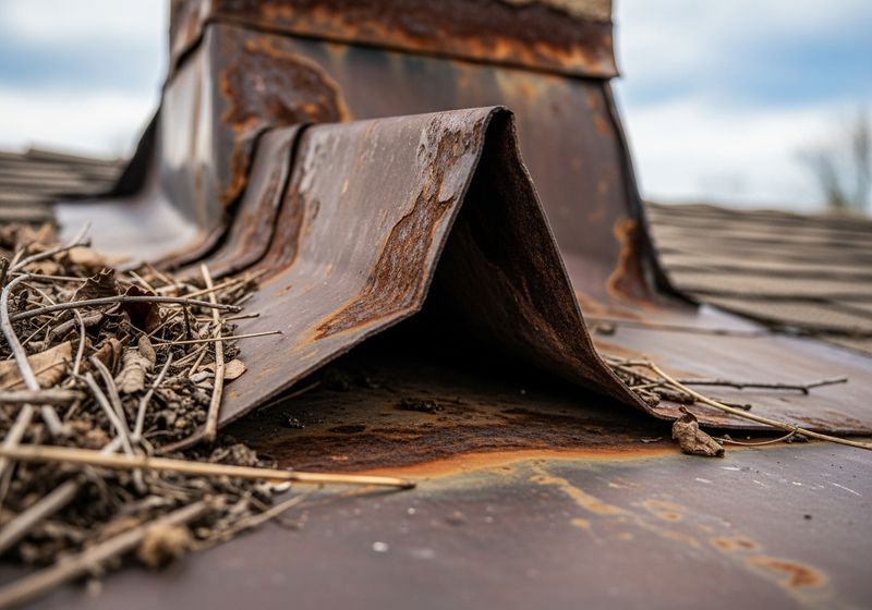 Rusty metal chimney flashing with leaves