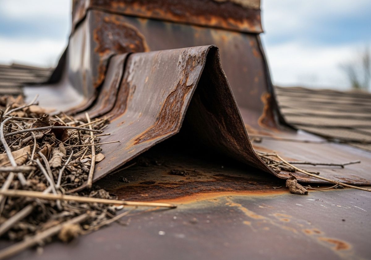 Rusty metal chimney flashing with leaves