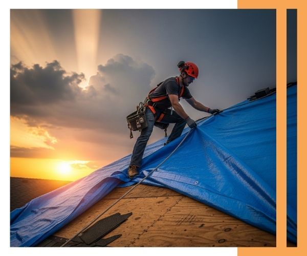 a roofer safely securing a blue protective tarp over a section of a damaged roof at dusk, with storm clouds clearing in the background to convey urgency and rapid response.