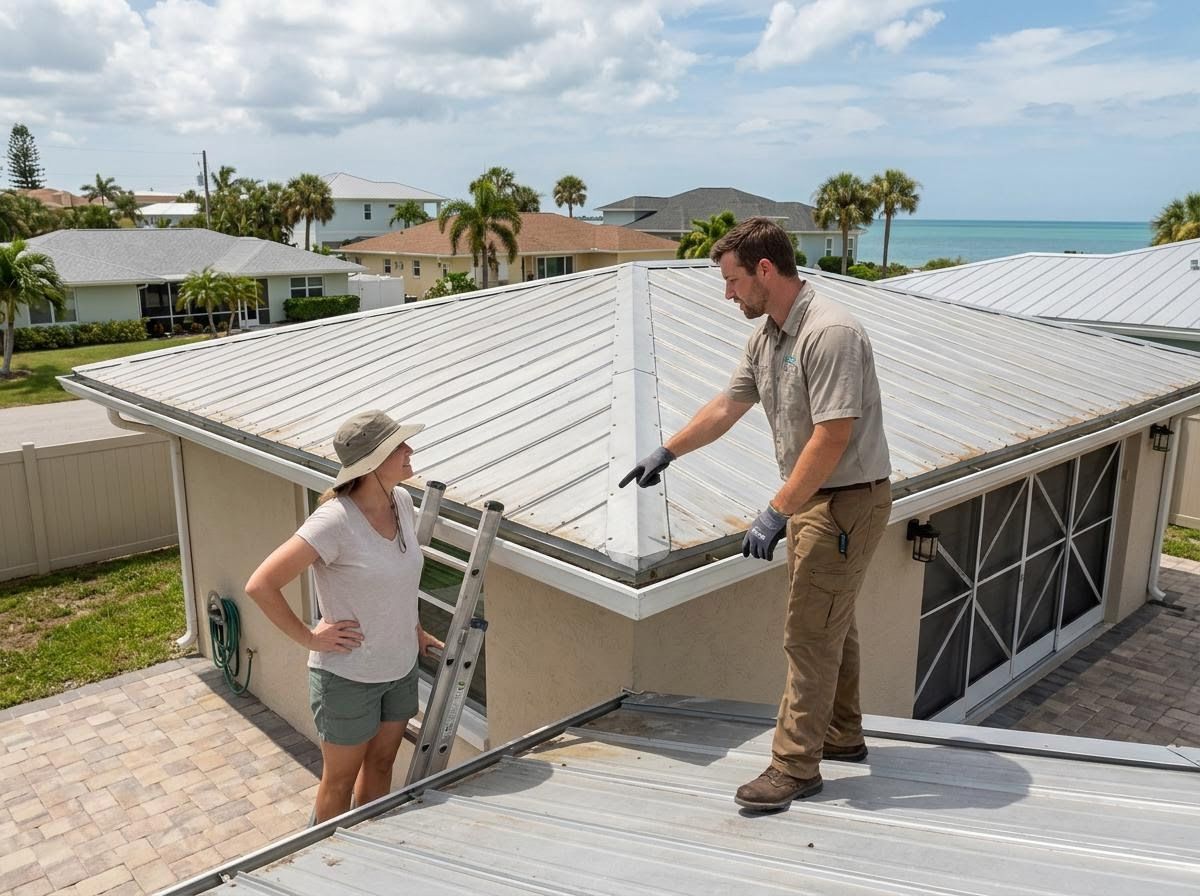 Roofing Professional Explains Metal Roof Condition to Homeowner