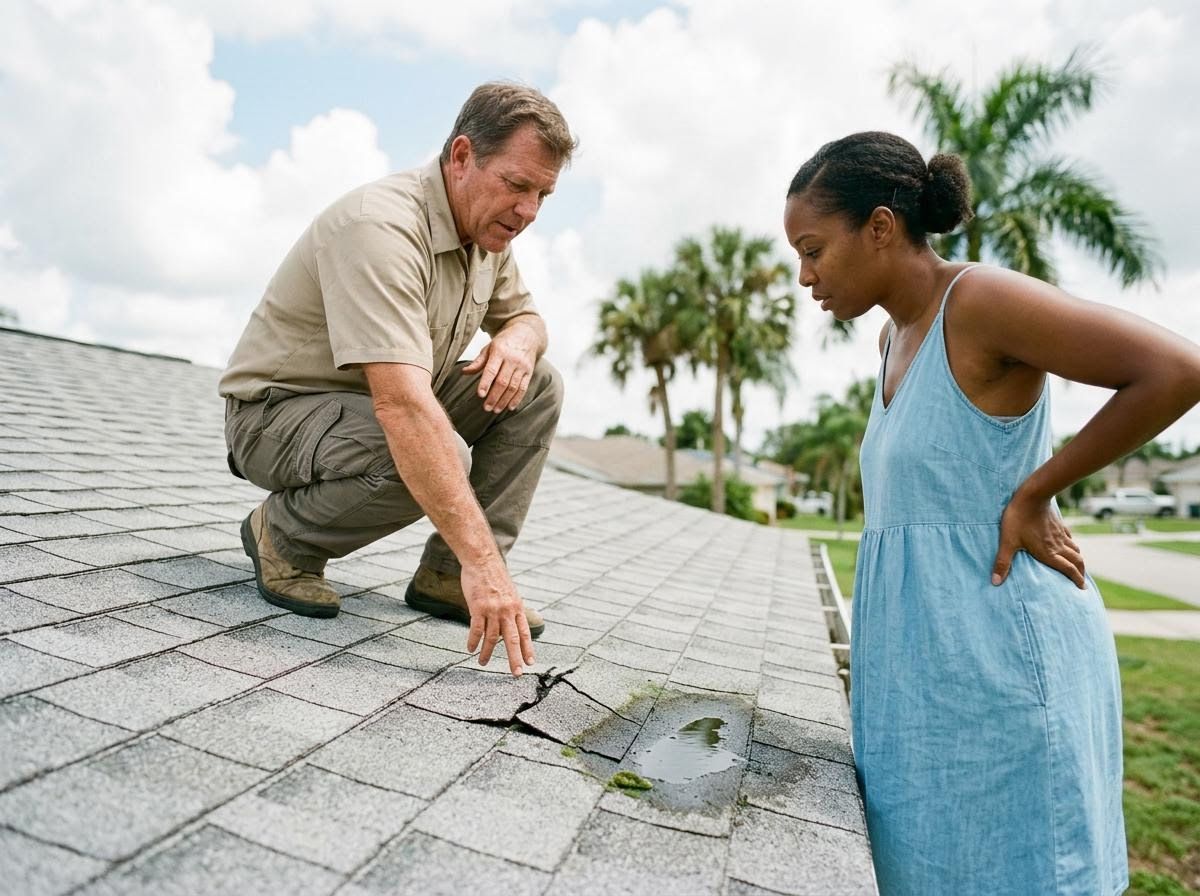 Roof inspector showing homeowner damage