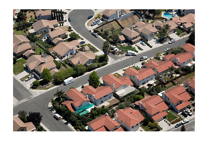 aerial view of neighborhood roofs, southern california