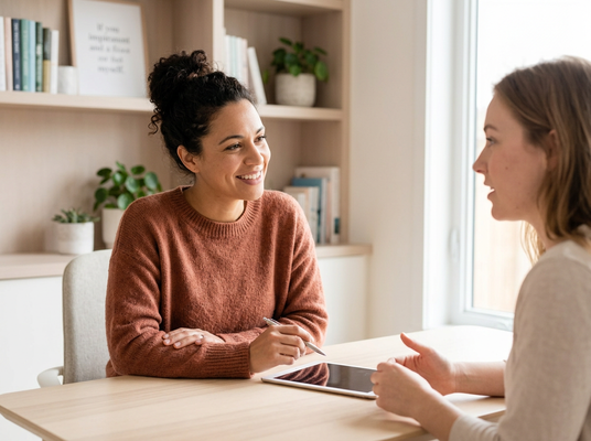 A smiling woman in a rust-colored sweater listens intently to another woman speak, with a tablet resting on the table. Two women having a professional discussion