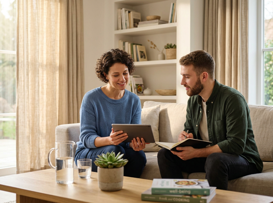 A smiling woman shows a tablet to a man writing in a notebook, both sitting on a sofa in a bright living room. They appear to be discussing or collaborating. Woman and Man Collaborating on Sofa with Tablet and Notebook