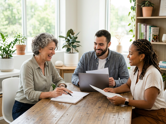 Three diverse professionals, two women and one man, laugh while working together at a wooden table with a laptop and documents. Diverse Colleagues Collaborating and Laughing
