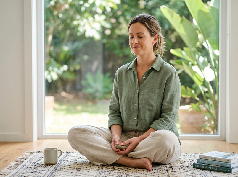 Woman meditating peacefully by a window