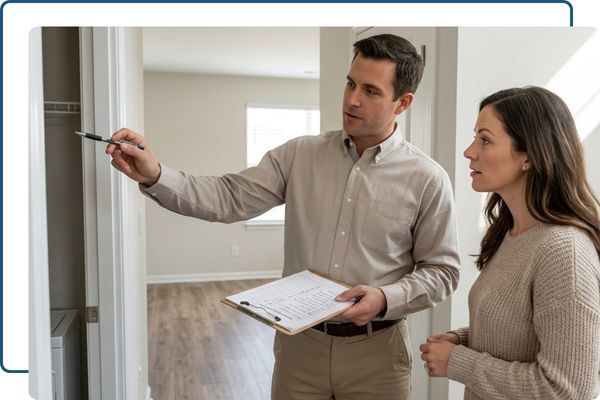 A professional home inspector is pointing towards an open door while holding a clipboard and looking at a female homeowner in a clean, uncluttered home hallway