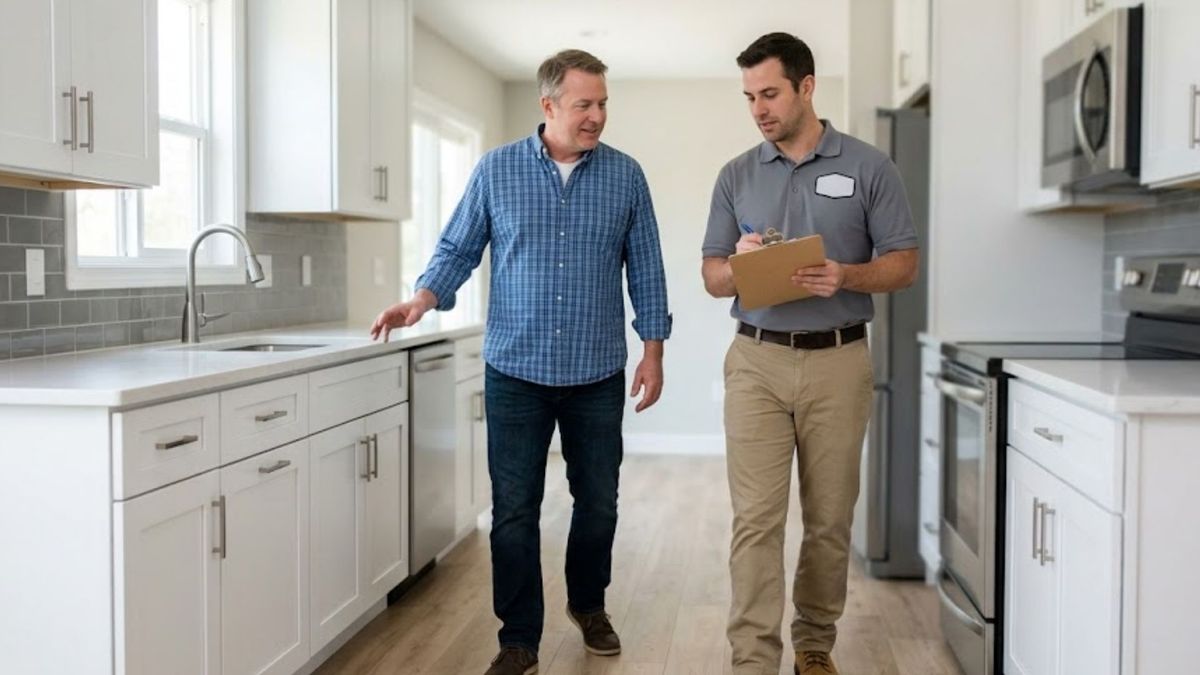 A home inspector holding a clipboard and talking with a male homeowner in a modern, newly remodeled kitchen, with clean cabinets and countertops