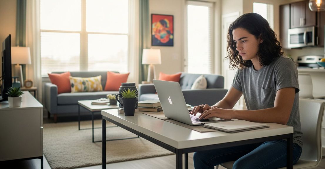 student using his laptop in his apartment