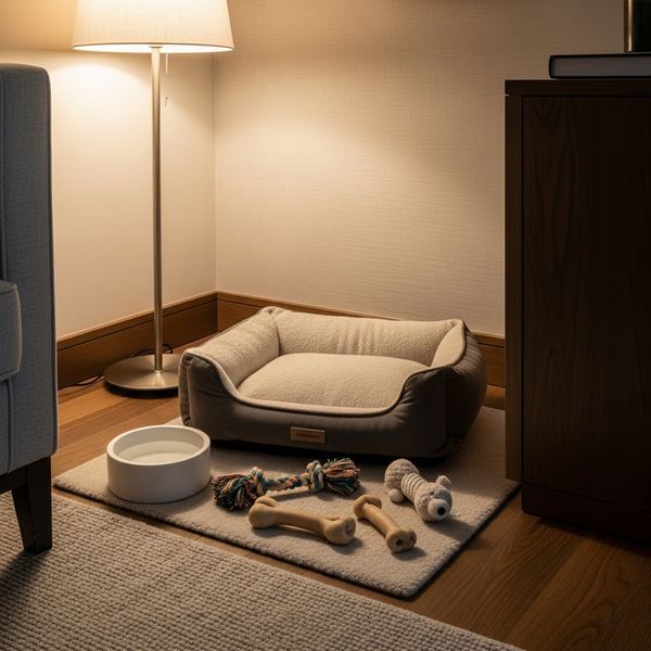 A designated, cozy dog den with a plush bed and organized toys in a modern apartment