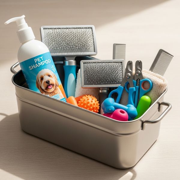 bin with a pet grooming kit and shampoo