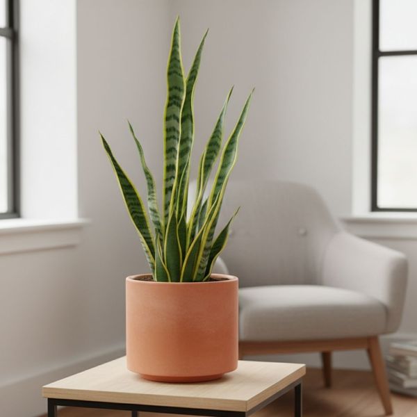 A close-up, well-lit shot of a healthy snake plant in a stylish pot